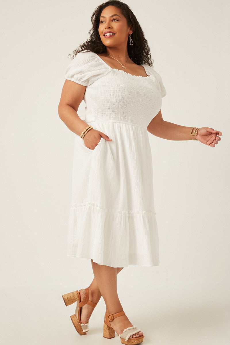 Textured Puff Sleeve Smocked Square Neck Dress