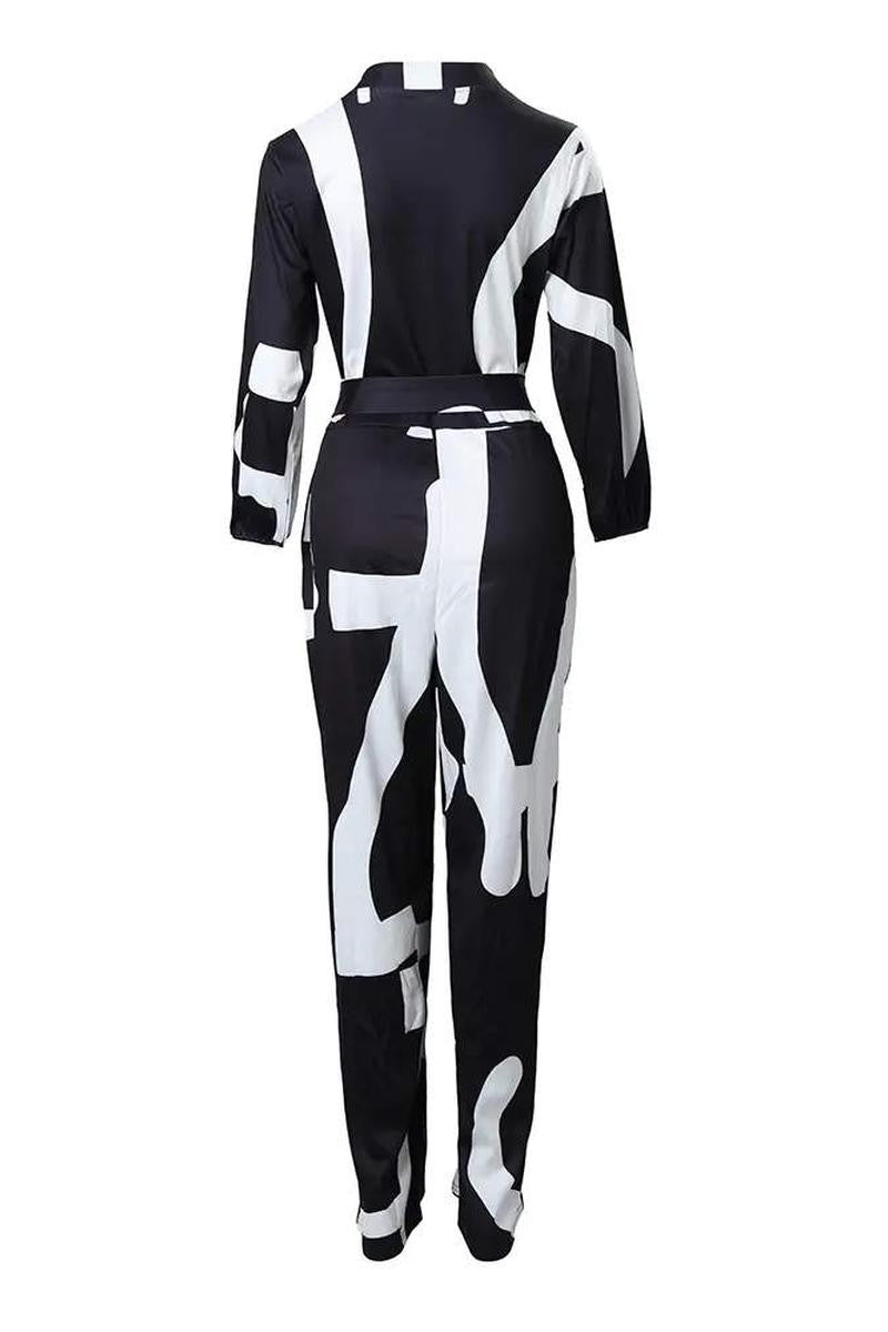 PRINT POCKET DECOR LONG SLEEVE JUMPSUIT WITH BELT