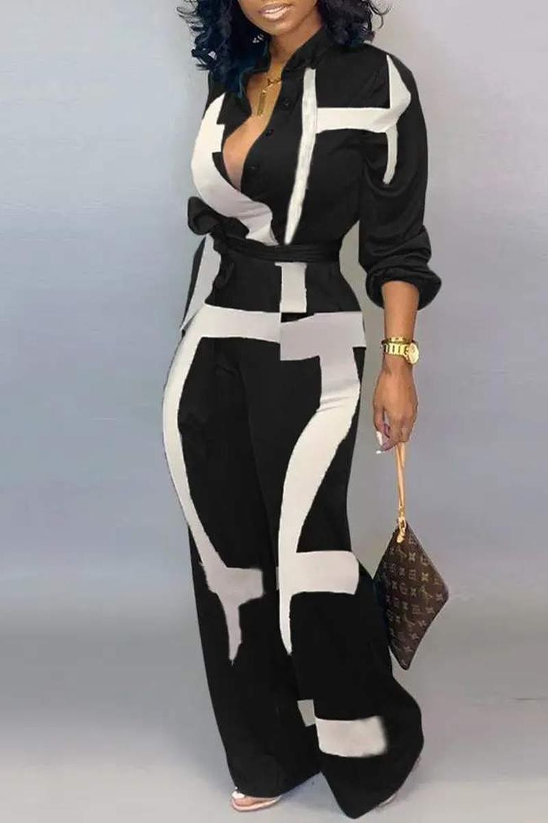 PRINT POCKET DECOR LONG SLEEVE JUMPSUIT WITH BELT