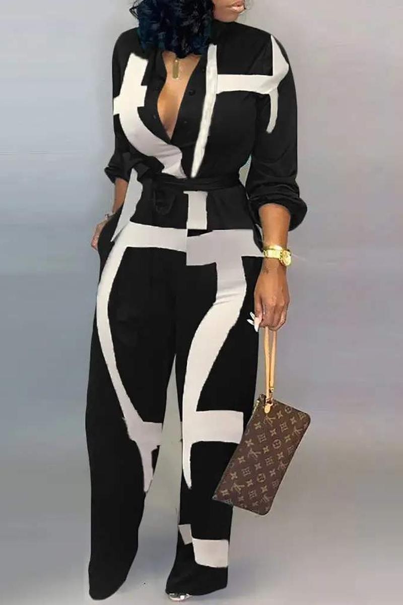 PRINT POCKET DECOR LONG SLEEVE JUMPSUIT WITH BELT