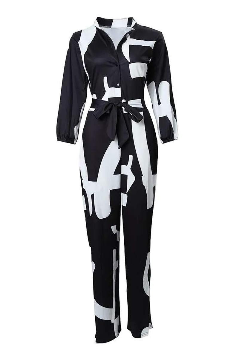 PRINT POCKET DECOR LONG SLEEVE JUMPSUIT WITH BELT