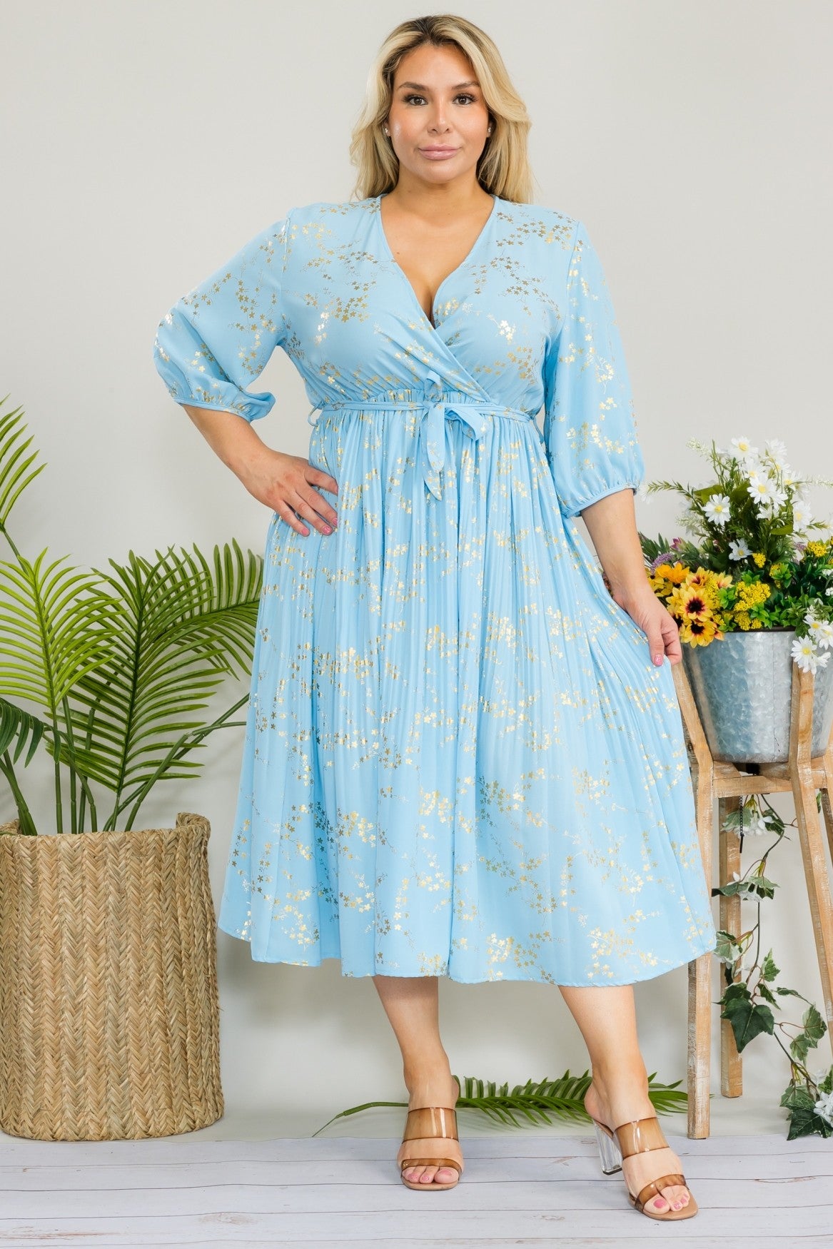 Plus Size Print Pleated Midi Dress