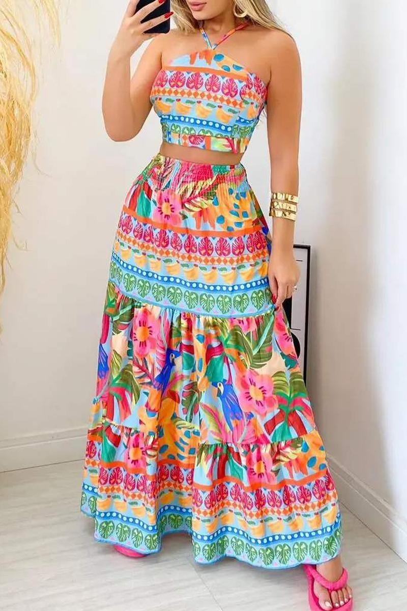 TROPICAL PRINT HALTER TOP MAXI SKIRT SET