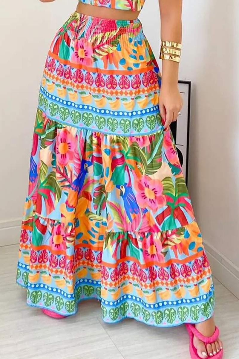 TROPICAL PRINT HALTER TOP MAXI SKIRT SET