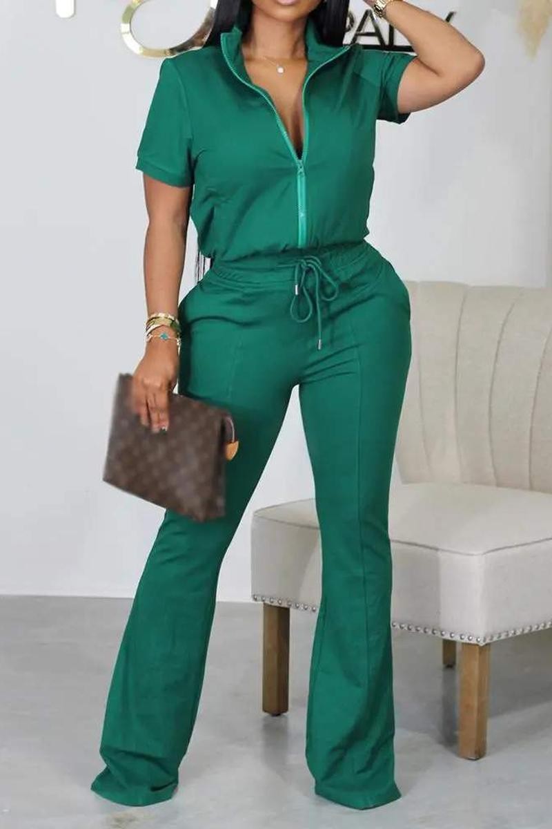 SHORT SLEEVE ZIP UP TOP DRAWSTRING PANTS SET