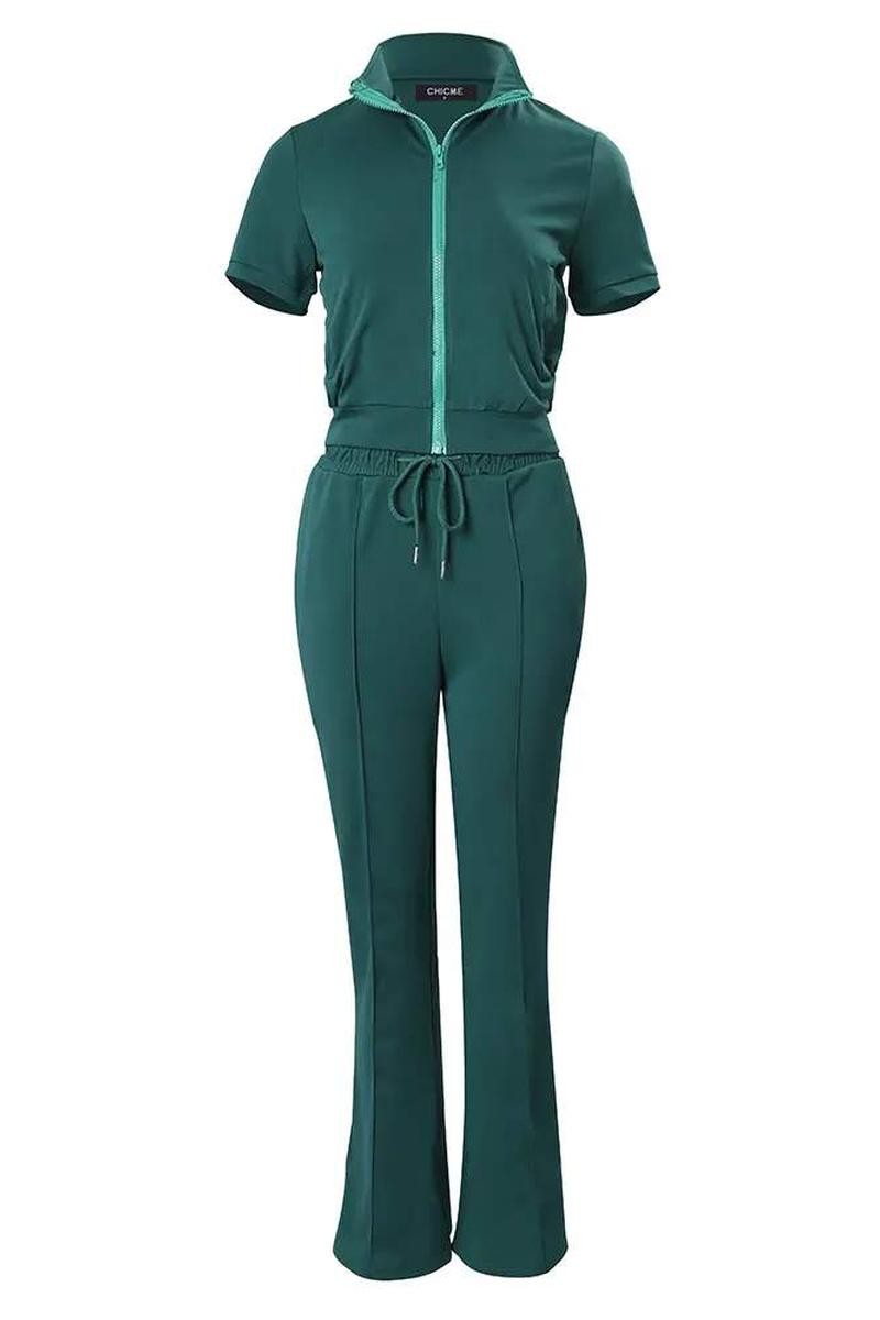 SHORT SLEEVE ZIP UP TOP DRAWSTRING PANTS SET