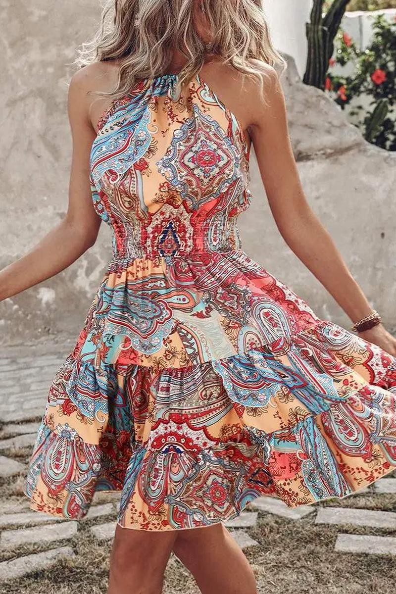 TRIBAL PRINT HALTER BACKLESS VINTAGE DRESS