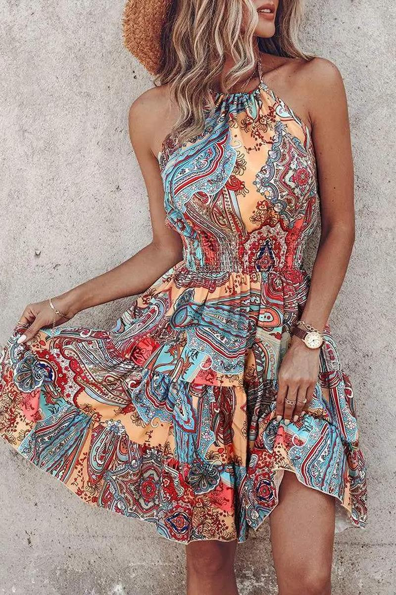 TRIBAL PRINT HALTER BACKLESS VINTAGE DRESS