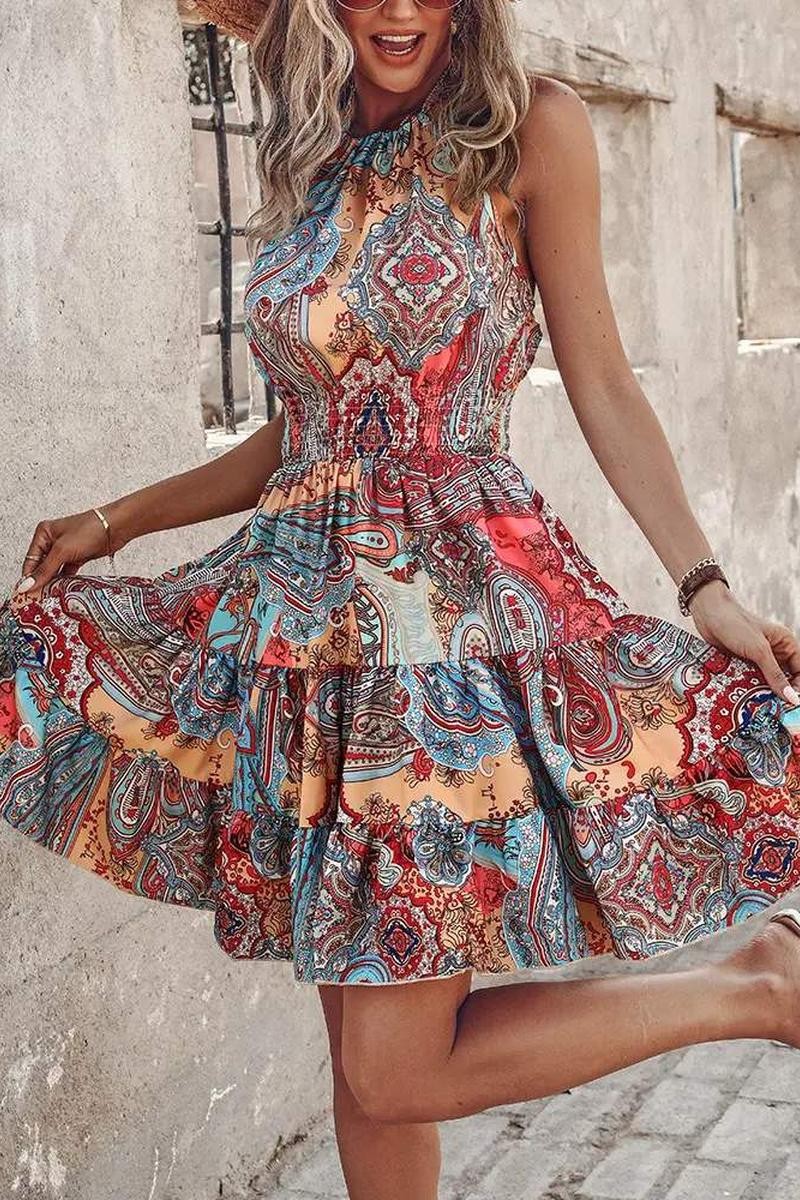 TRIBAL PRINT HALTER BACKLESS VINTAGE DRESS