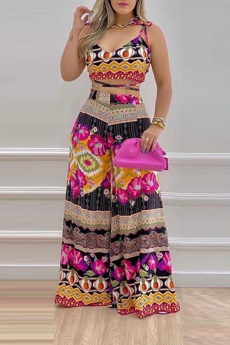 FLORAL PRINT BANDAGE TOP WIDE LEG PANTS SET