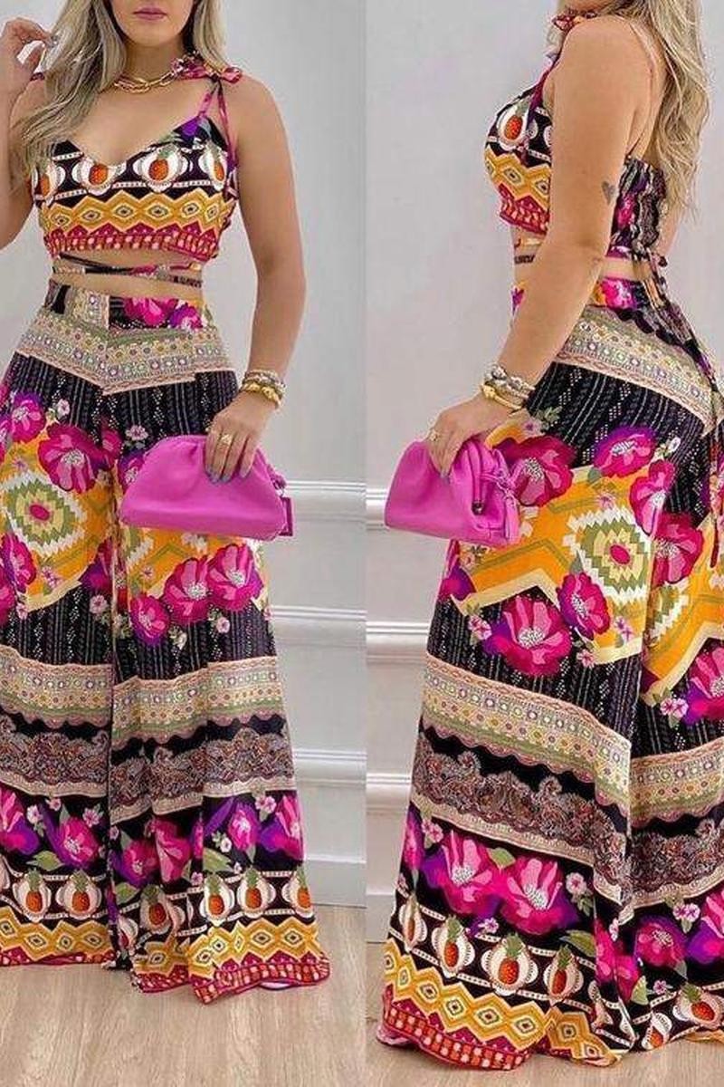 FLORAL PRINT BANDAGE TOP WIDE LEG PANTS SET