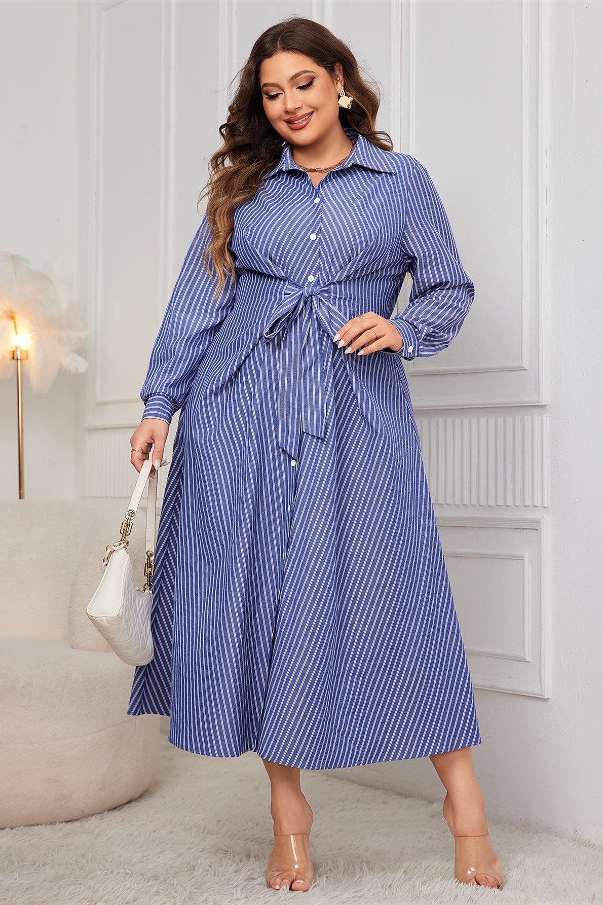 Striped Tie Belt Long Sleeve Dress