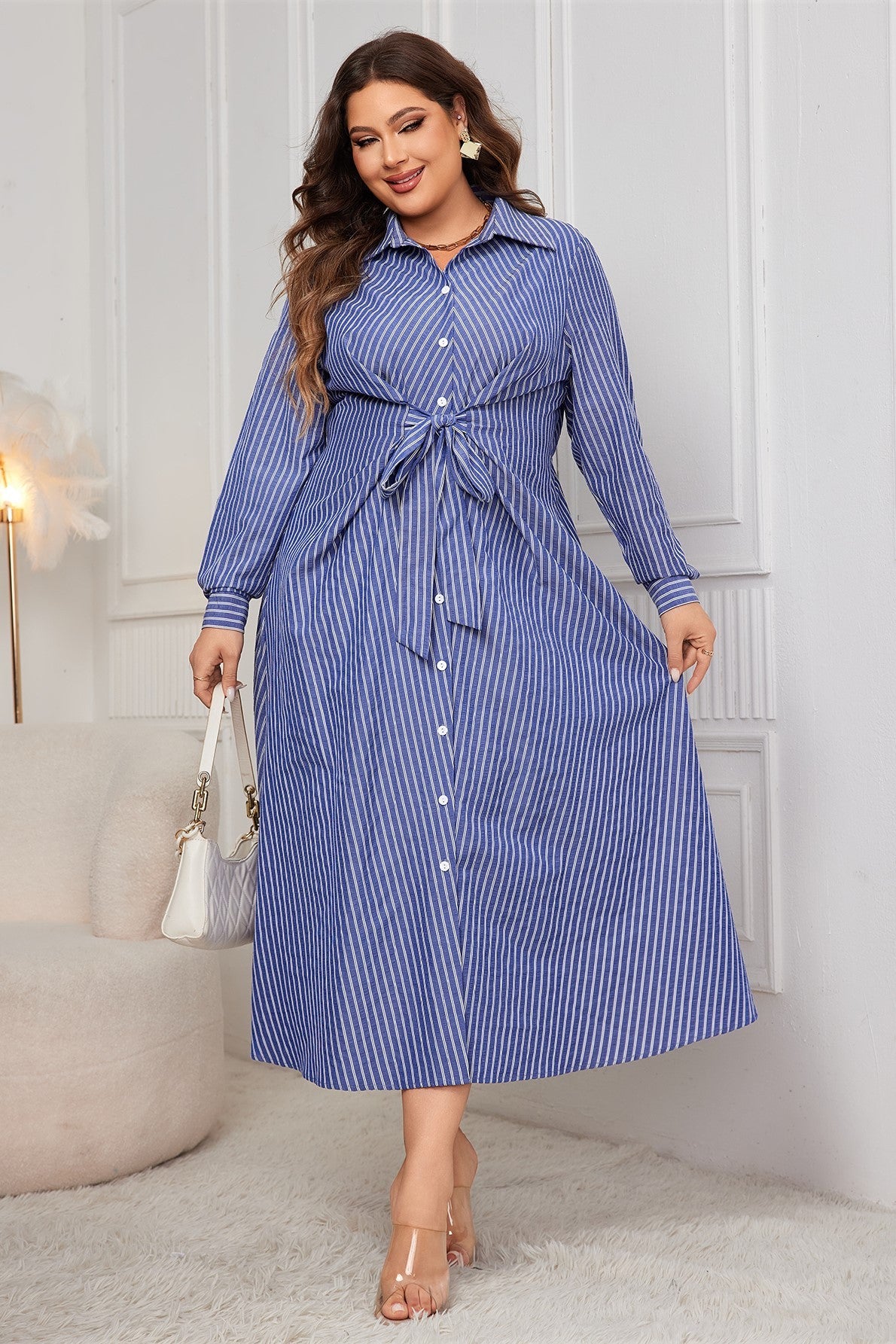 Striped Tie Belt Long Sleeve Dress