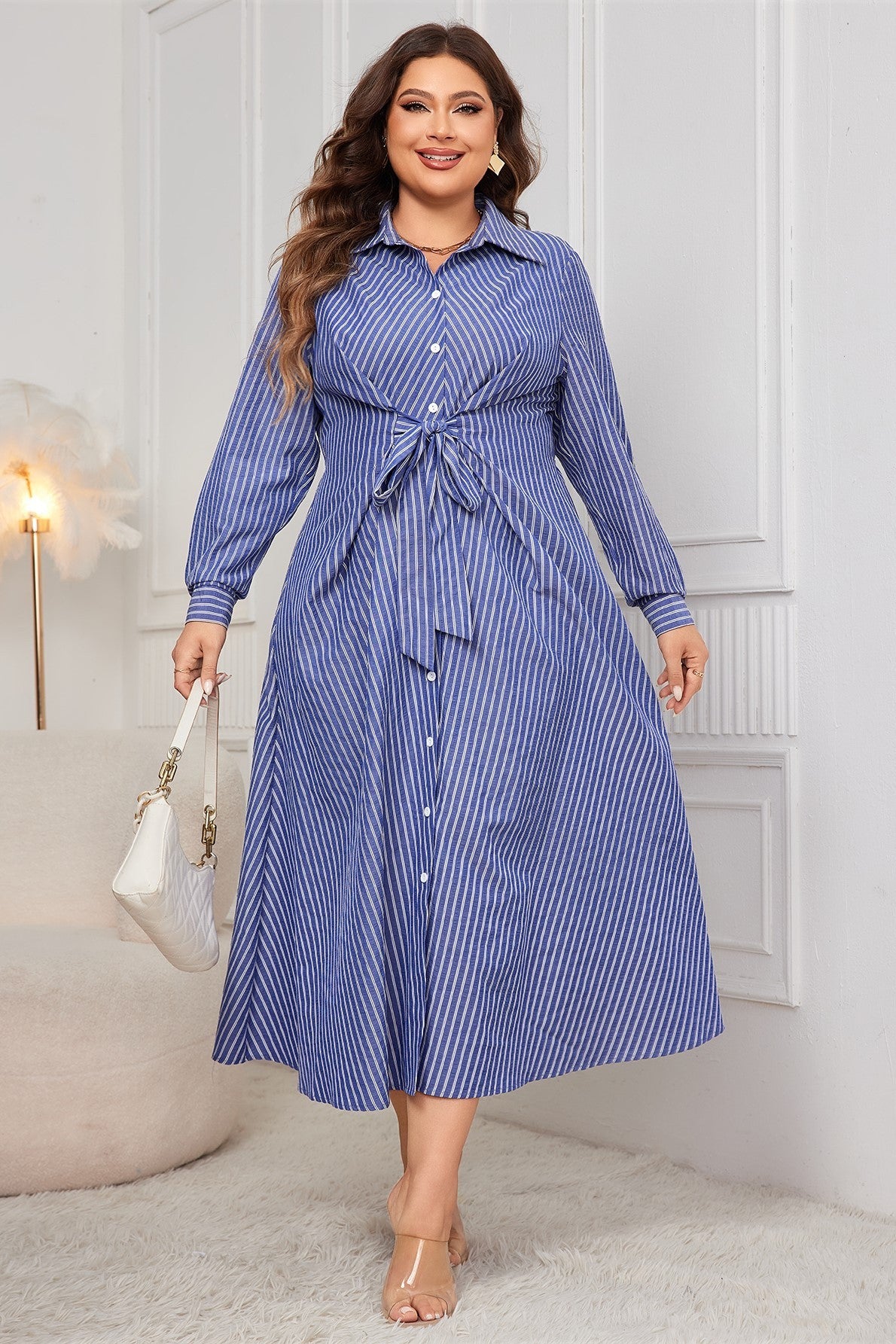 Striped Tie Belt Long Sleeve Dress