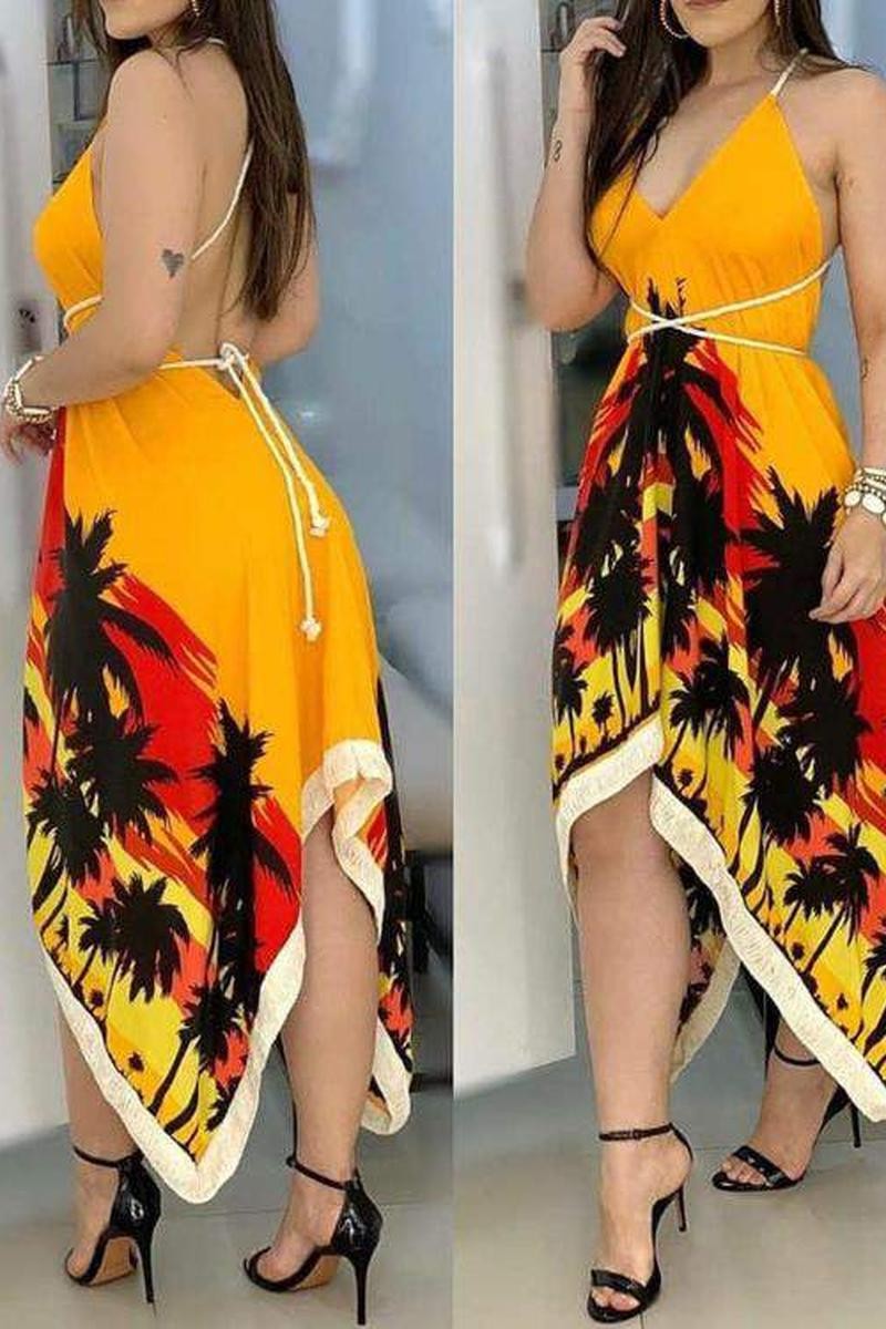 PRINT CRISS CROSS BACKLESS ASYMMETRICAL DRESS