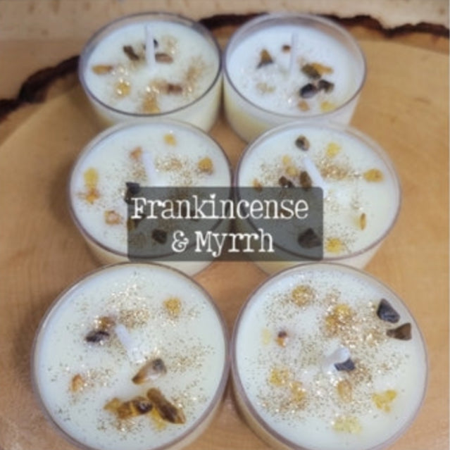 Frankincense & Myrrh Soy Candles 6 Pack with Herbs and Crystals