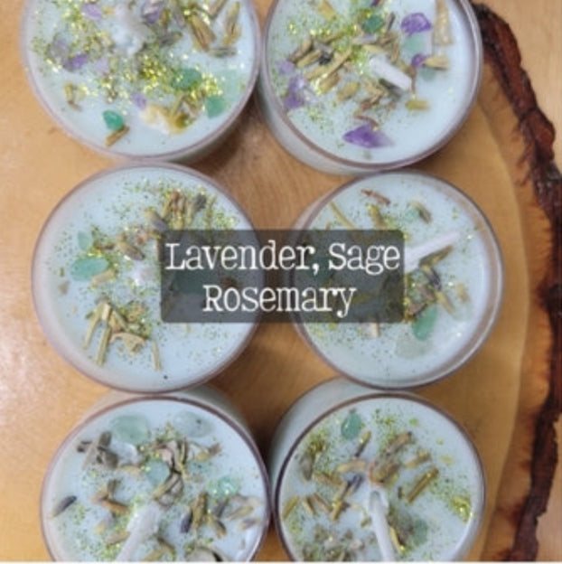 Lavender Sage Rosemary Soy Candles 6 Pack with Herbs and Crystals