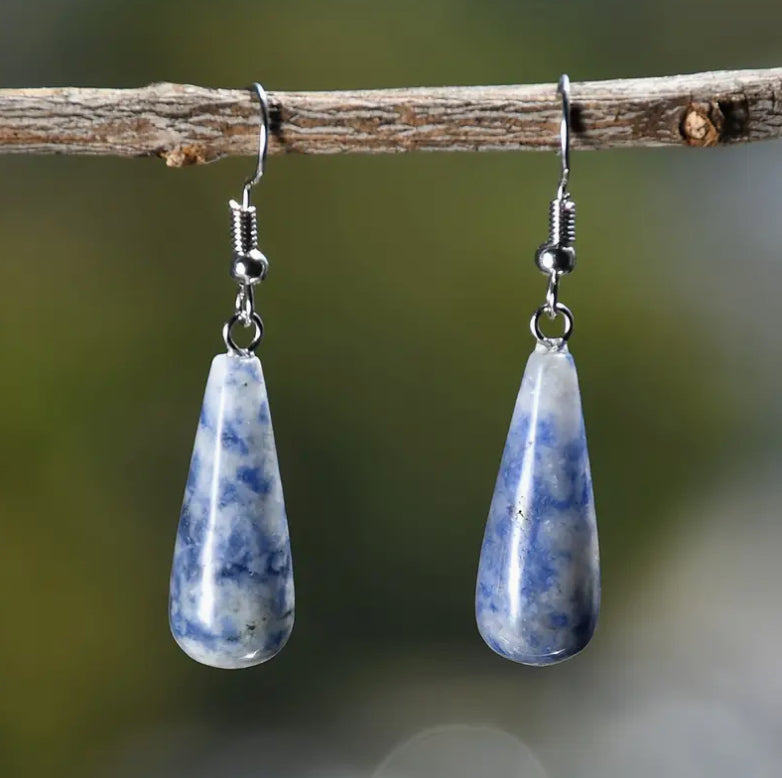 Elegant “Lapis Lazuli” Boho Chic Natural Crystal Teardrop Earrings - Stainless Steel Hooks