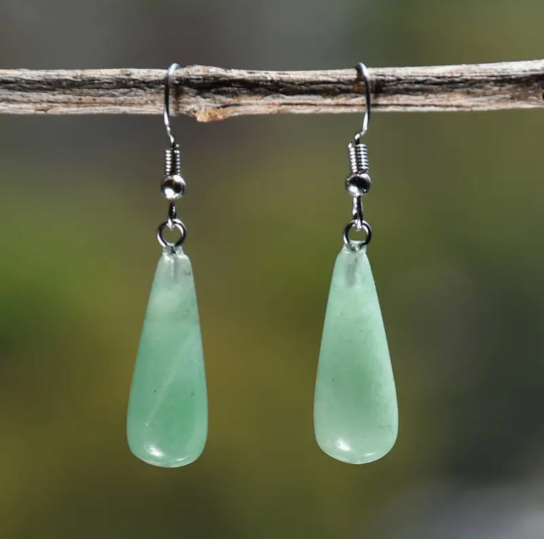 Elegant “ Green Aventurine” Boho Chic Natural Crystal Teardrop Earrings - Stainless Steel Hooks