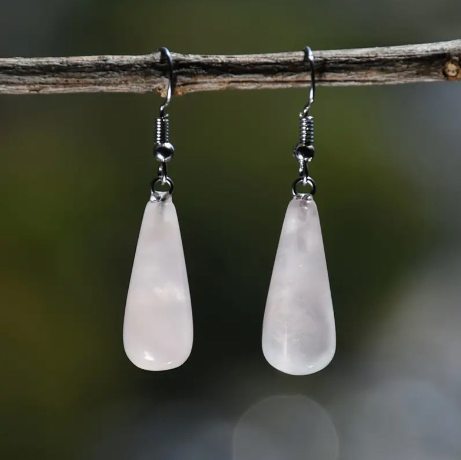 Elegant “Rose Quartz” Boho Chic Natural Crystal Teardrop Earrings - Stainless Steel Hooks