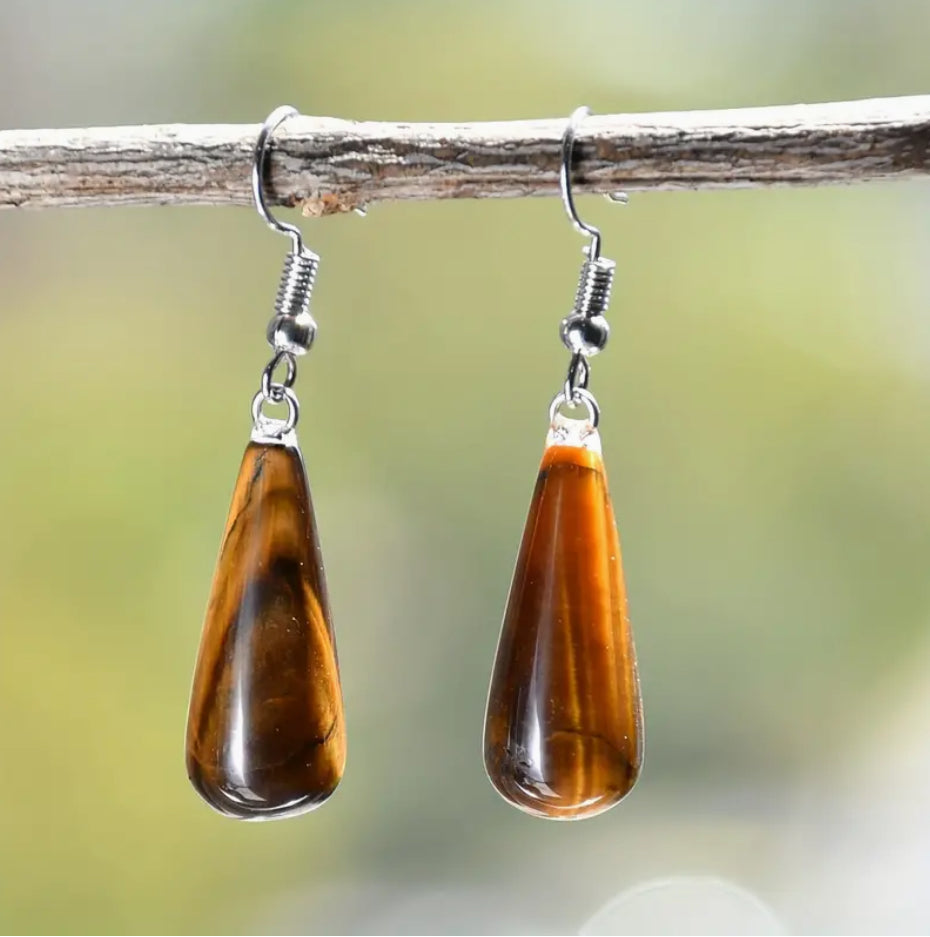 Elegant “Tiger’s Eye” Boho Chic Natural Crystal Teardrop Earrings - Stainless Steel Hooks