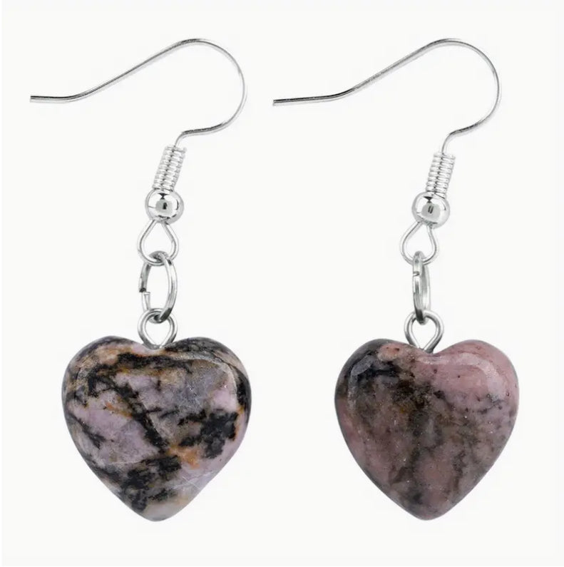 “Rhodonite” Crystal Heart-Shaped Dangle Earrings