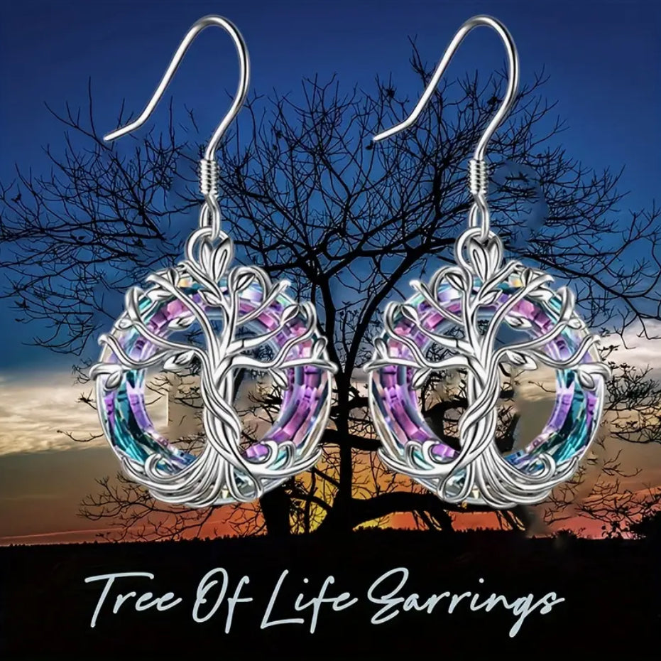 “Blue” Silvery Tree of Life Dangle Earrings - Exquisite Hollow Circle Design