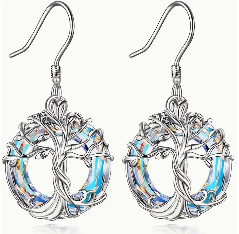 “Aurora Color” Silvery Tree of Life Dangle Earrings - Exquisite Hollow Circle Design