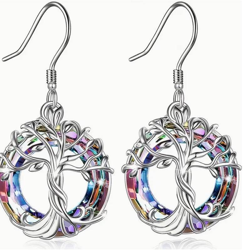 “Fluorescent Color” Silvery Tree of Life Dangle Earrings - Exquisite Hollow Circle Design