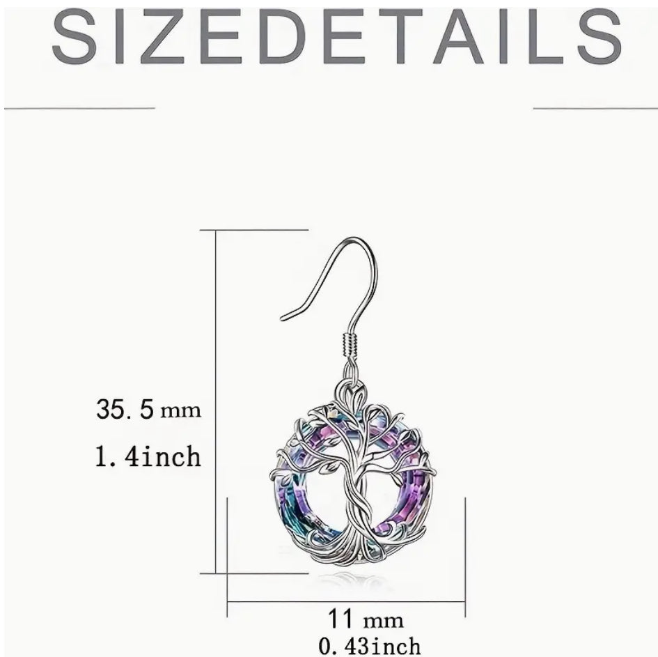 “Purple Blue” Silvery Tree of Life Dangle Earrings - Exquisite Hollow Circle Design