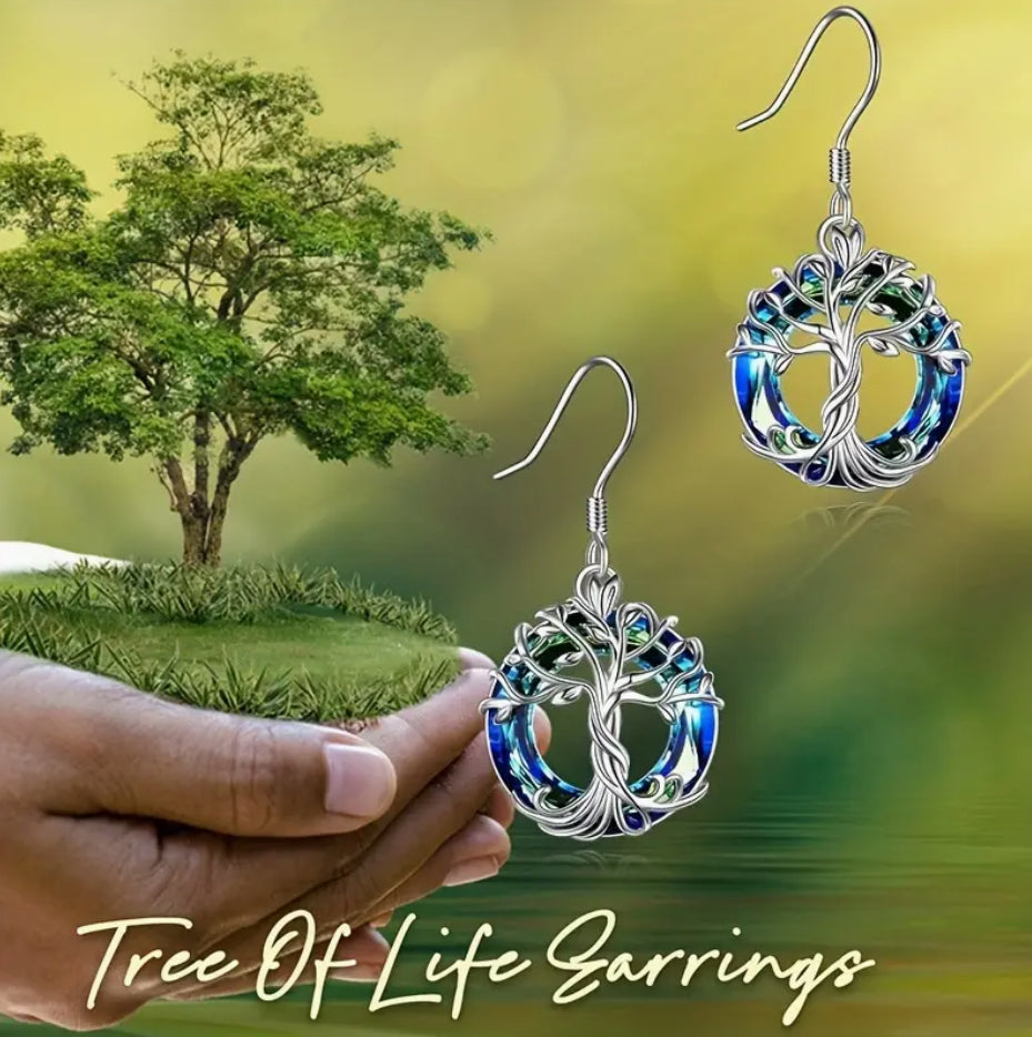 “Purple Blue” Silvery Tree of Life Dangle Earrings - Exquisite Hollow Circle Design