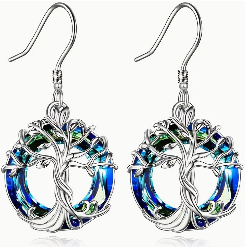 “Blue” Silvery Tree of Life Dangle Earrings - Exquisite Hollow Circle Design