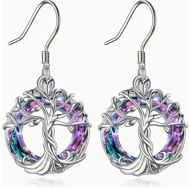 “Purple Blue” Silvery Tree of Life Dangle Earrings - Exquisite Hollow Circle Design