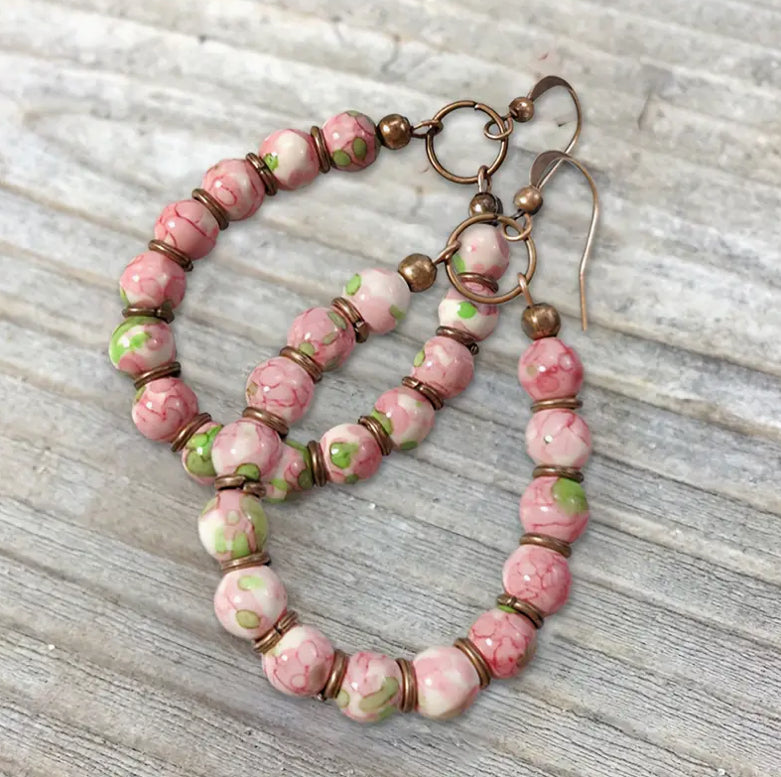 “Floral Pink” Boho Chic Natural Stone Beaded Dangle Earrings - Handcrafted Bohemian Hanging Drop