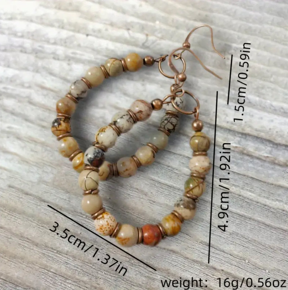 “Golden Ember” Boho Chic Natural Stone Beaded Dangle Earrings - Handcrafted Bohemian Hanging Drop