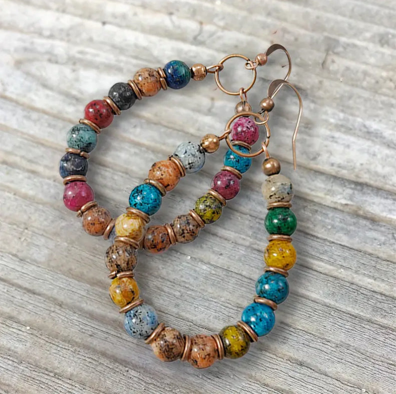 “7 Chakra Colored” Boho-Chic Natural Stone Beaded Dangle Earrings