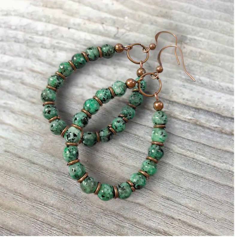 “Forest Green” Boho-Chic Natural Stone Beaded Dangle Earrings - Handcrafted Bohemian Hanging Drop