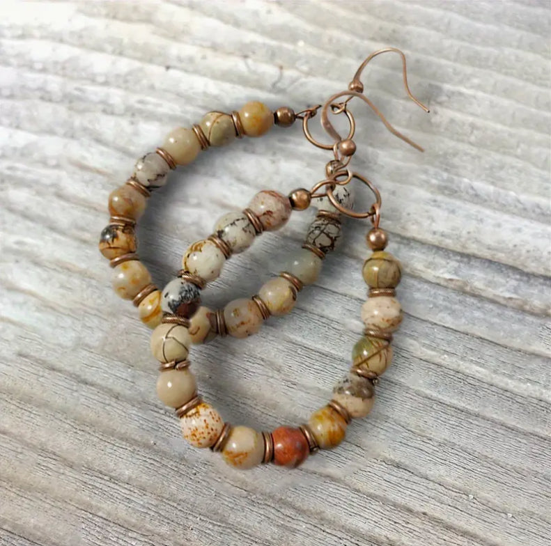 “Golden Ember” Boho Chic Natural Stone Beaded Dangle Earrings - Handcrafted Bohemian Hanging Drop