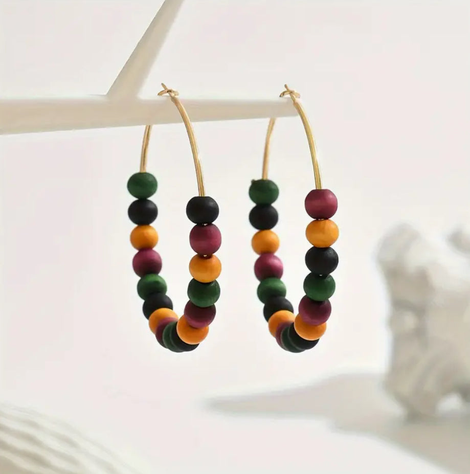 “Ethereal Dream” Boho-Chic Wooden Bead Hoop Earrings - Vintage Style, Stainless Steel