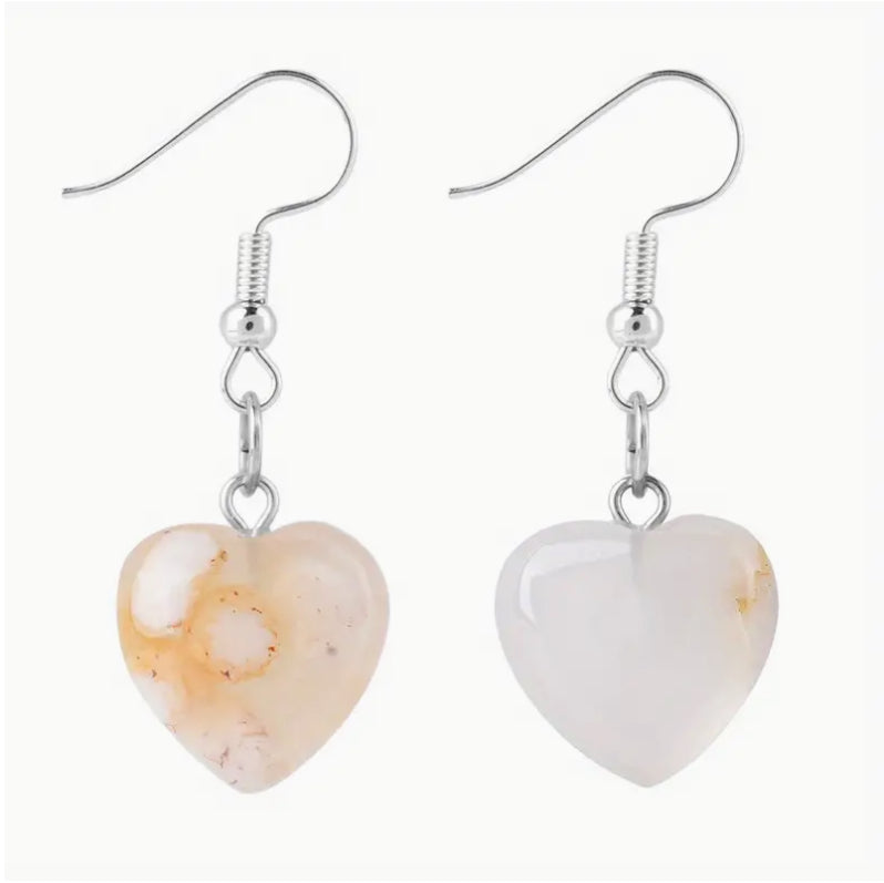 “Flower Agate” Crystal Heart-Shaped Dangle Earrings