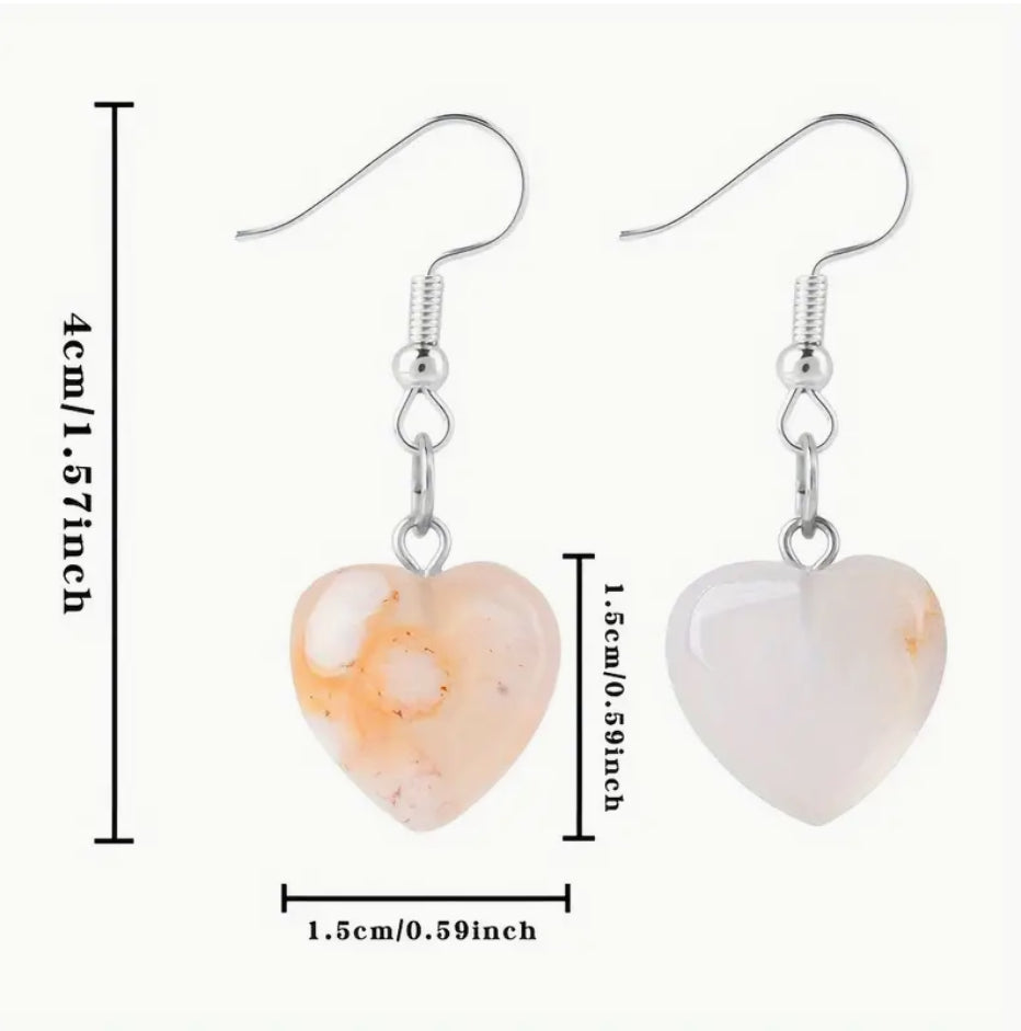 “Flower Agate” Crystal Heart-Shaped Dangle Earrings