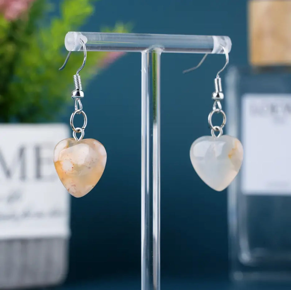 “Flower Agate” Crystal Heart-Shaped Dangle Earrings