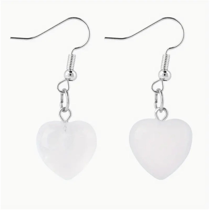 “Clear Quartz” Crystal Heart-Shaped Dangle Earrings