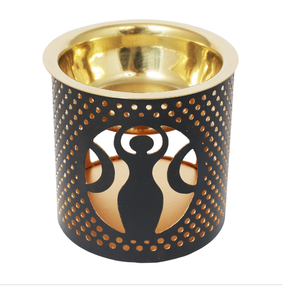 Metal Tea Light Holder & Aroma Oil Burner Gold Black w/ MDF base Goddess 3"