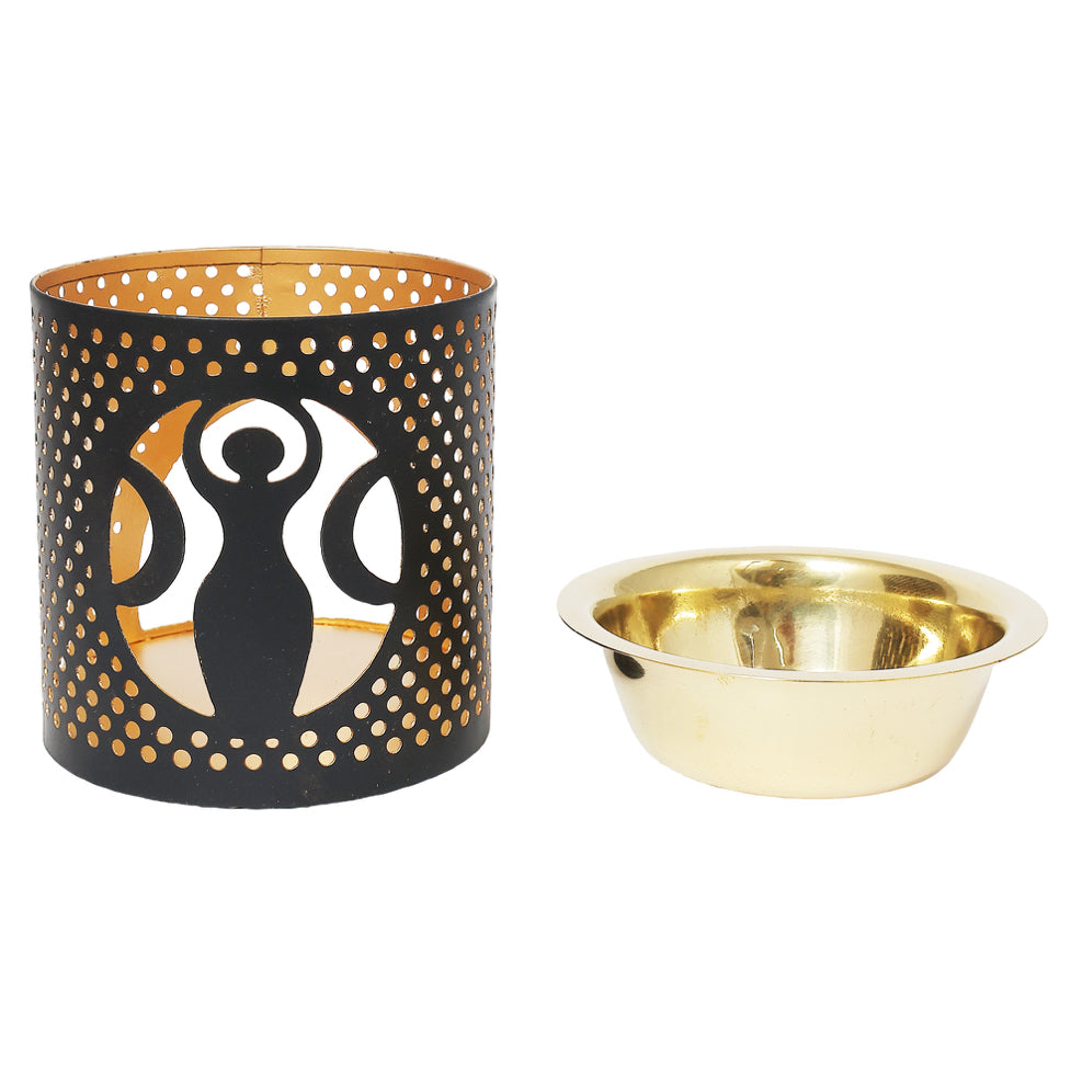 Metal Tea Light Holder & Aroma Oil Burner Gold Black w/ MDF base Goddess 3"