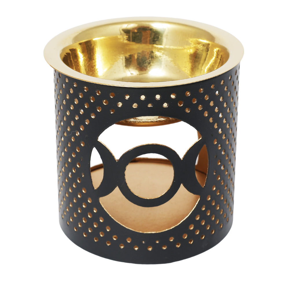 Metal Tea Light Holder & aroma Oil Burner Gold Blackw/ MDF base Triple Moon 3"