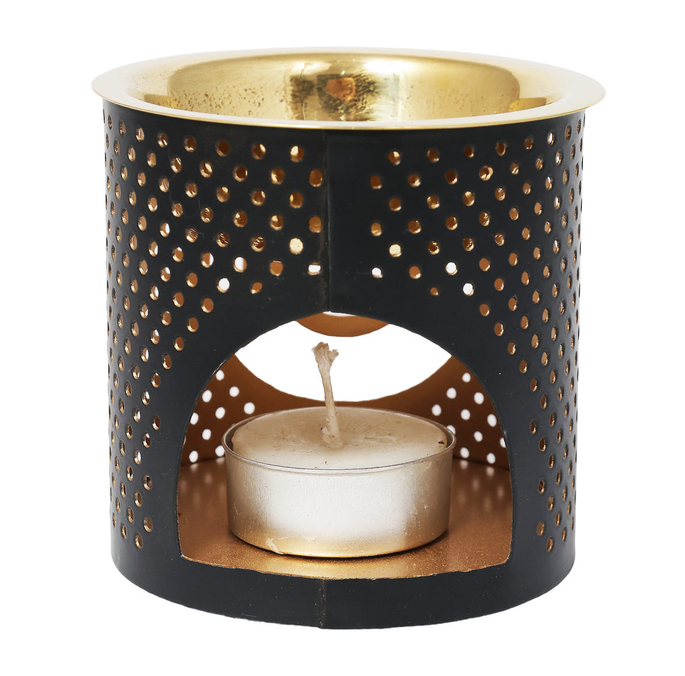 Metal Tea Light Holder & aroma Oil Burner Gold Blackw/ MDF base Triple Moon 3"