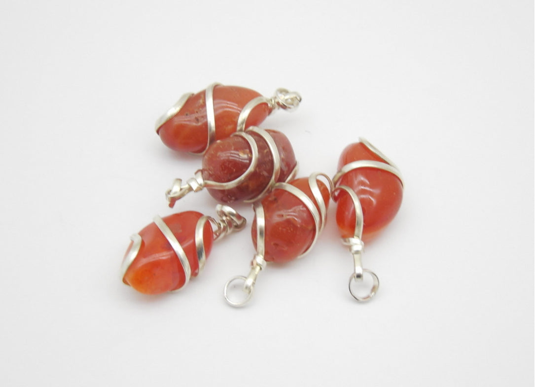 Red Carnelian Tumble Wire Wrap Pendant W/Chain