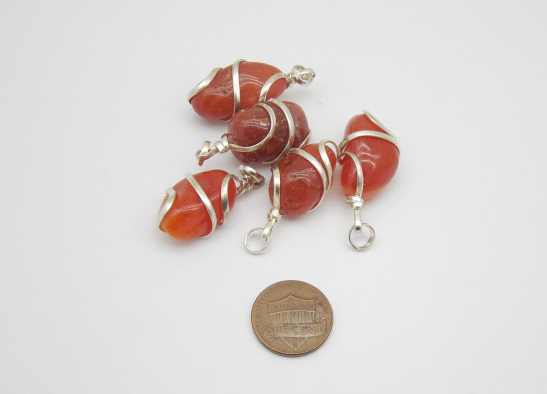 Red Carnelian Tumble Wire Wrap Pendant W/Chain