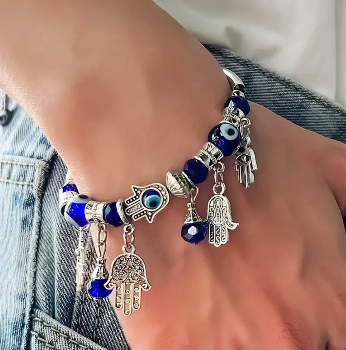 Vintage Boho Charm Bracelet Blue Eye Hamsa Hand Crystal Bead Accents